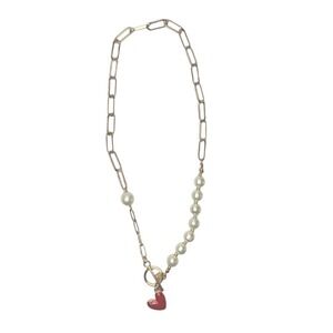 Pearl Heart Pendant Necklace Gold‎ Chain Toggle Clasp Fashion Jewelry